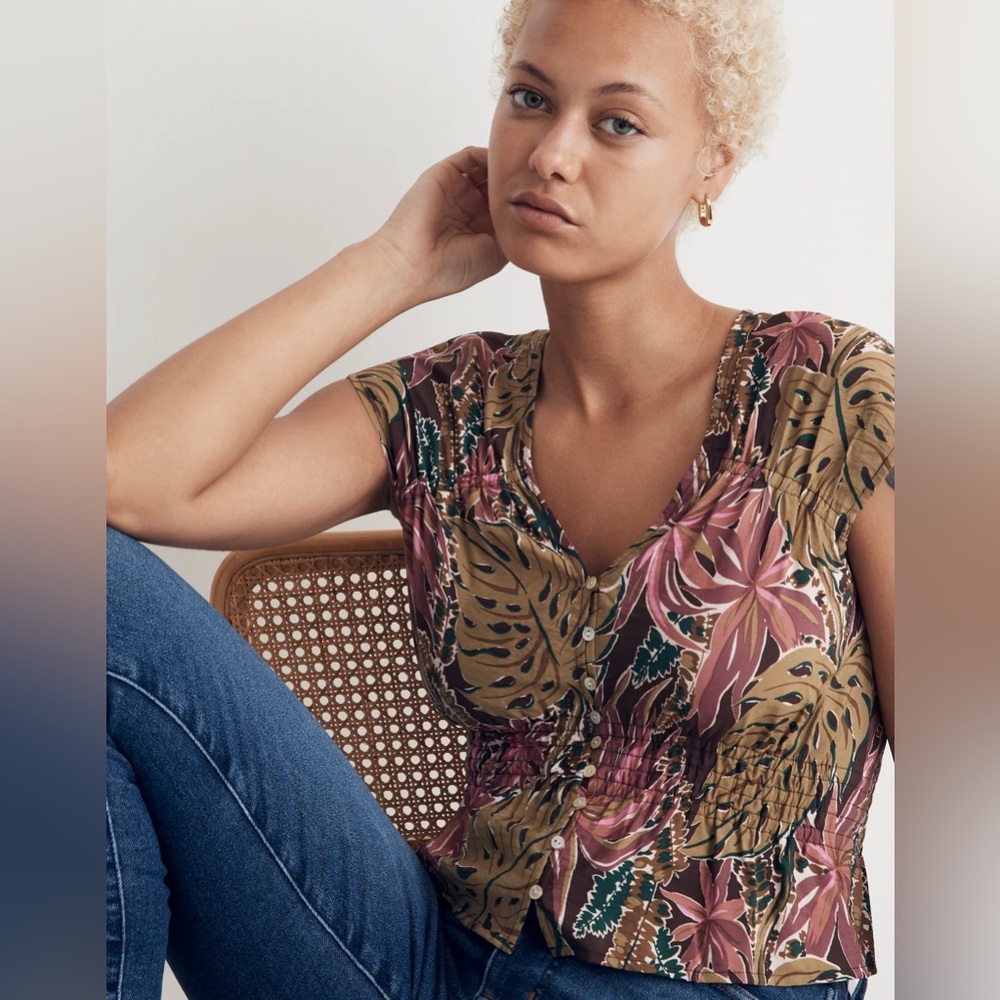 Madewell Shirred Cap-Sleeve Top in Brushstroke Monstera
